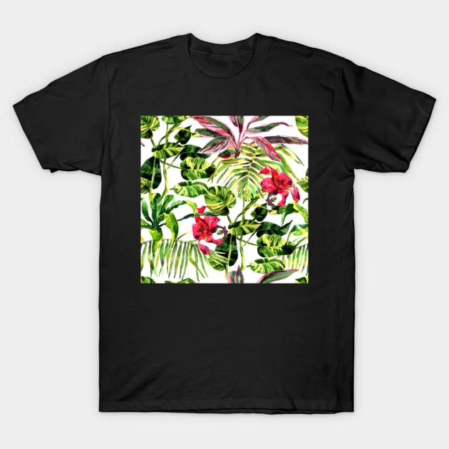 Tropical Background. watercolor tropical leaves and plants. Hand painted jungle greenery background T-Shirt by Olga Berlet